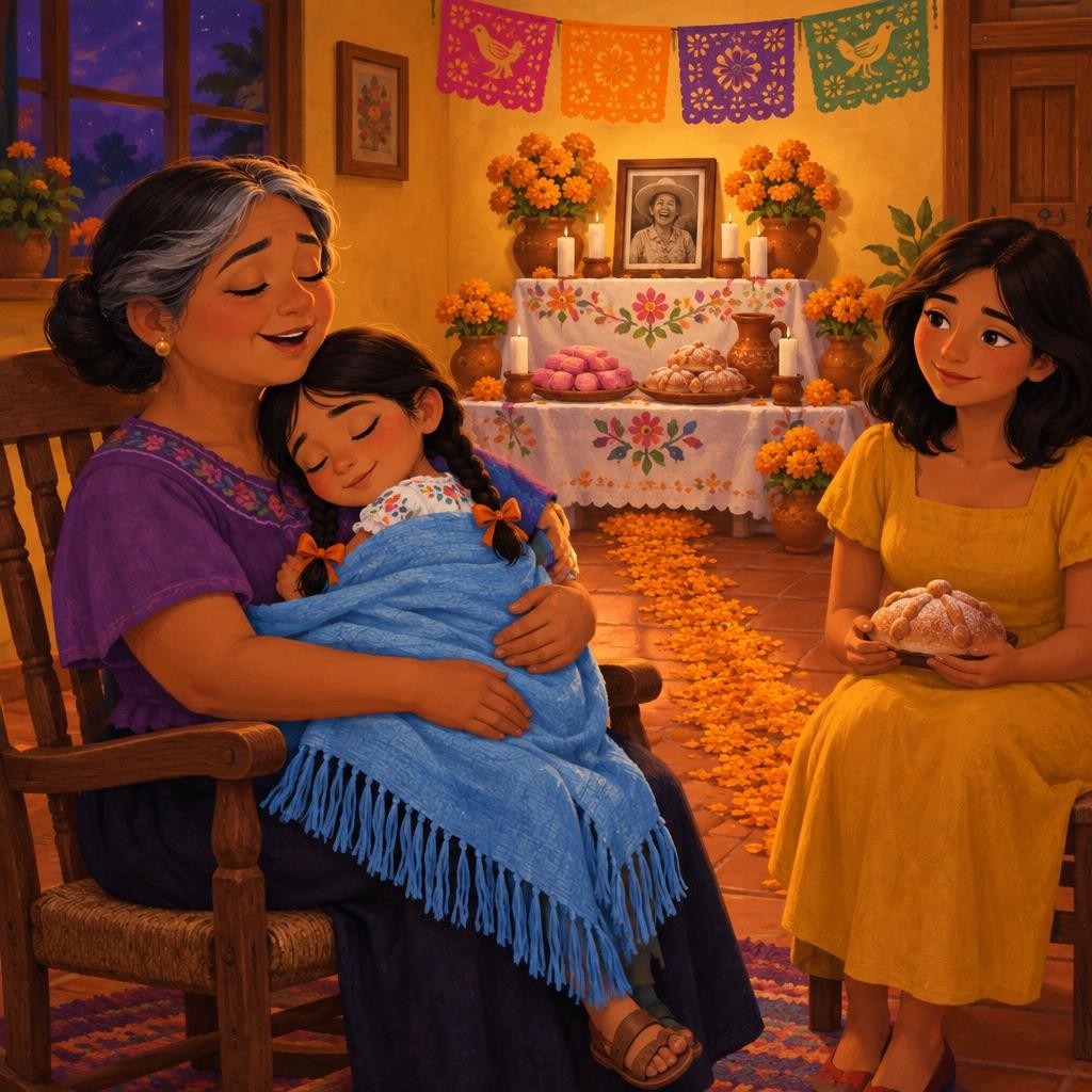 Esa noche, la familia se sentó cerca de la ofrenda a comer pan de muerto y a contar historias de Lupita. Emilia las escuchó todas, envuelta en el rebozo azul, hasta que se le cerra