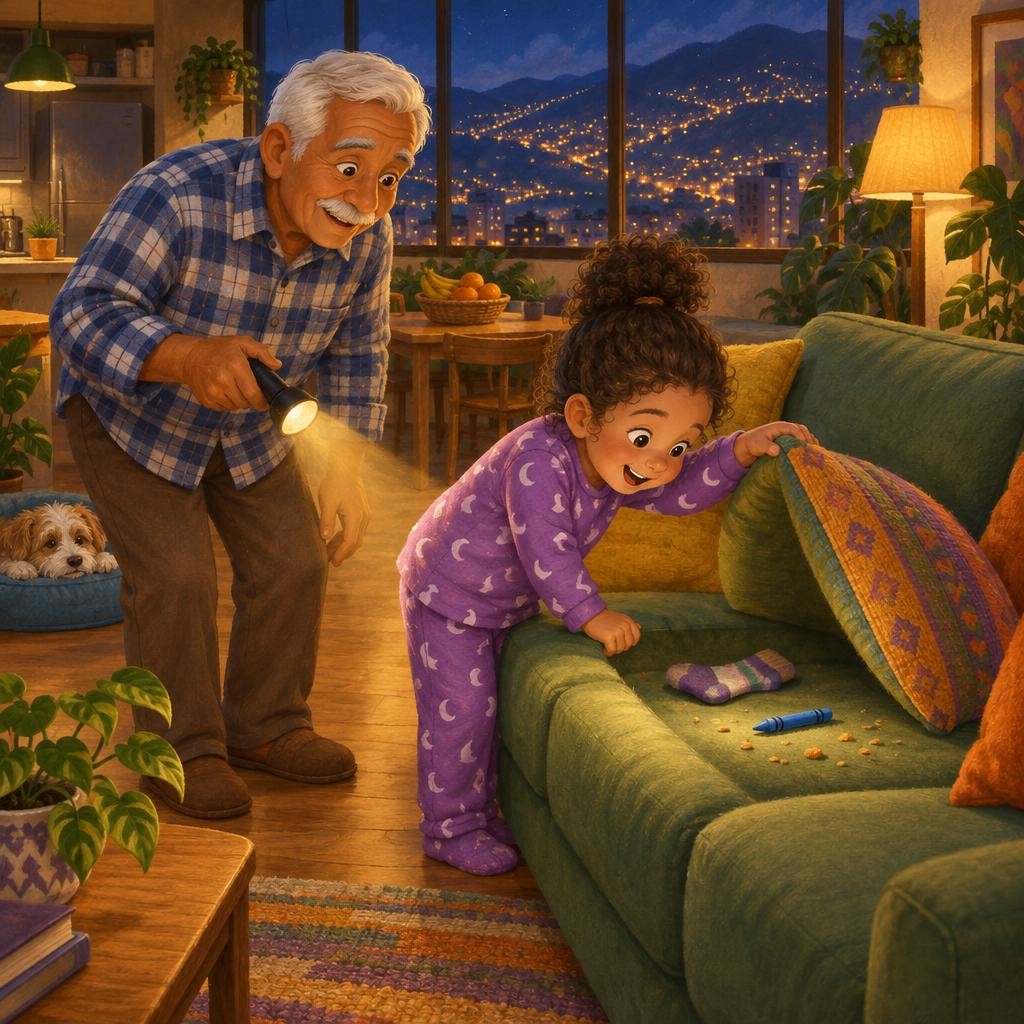—Vamos a buscarlo, mija —dijo el abuelo, y prendió la linterna. Primero buscaron en la sala. Levantaron los cojines del sofá: había una media perdida, un crayón azul y tres miguita