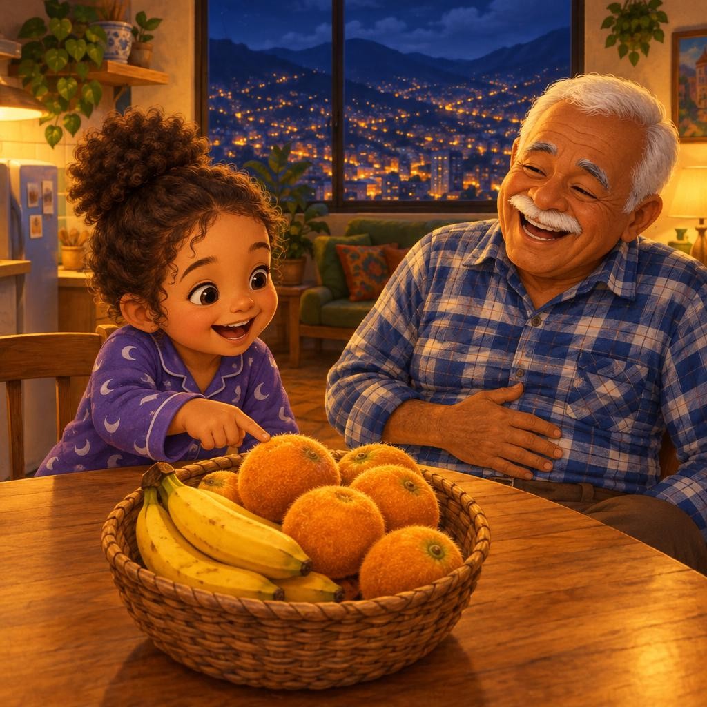 Después buscaron en la cocina. Encima de la mesa había una canasta de frutas, y entre los bananos… ¡algo redondo y anaranjado! —¡Ahí está! —gritó Salomé. El abuelo se rio. —No, mij