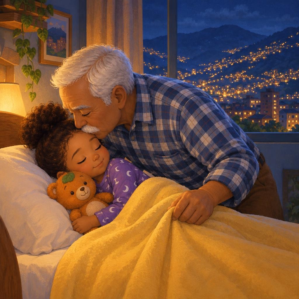 Salomé volvió a su cama con Lulo bien abrazado. El abuelo la arropó y le dio un beso en la frente. Por la ventana, las lucecitas de las montañas brillaban como estrellas. —Buenas n