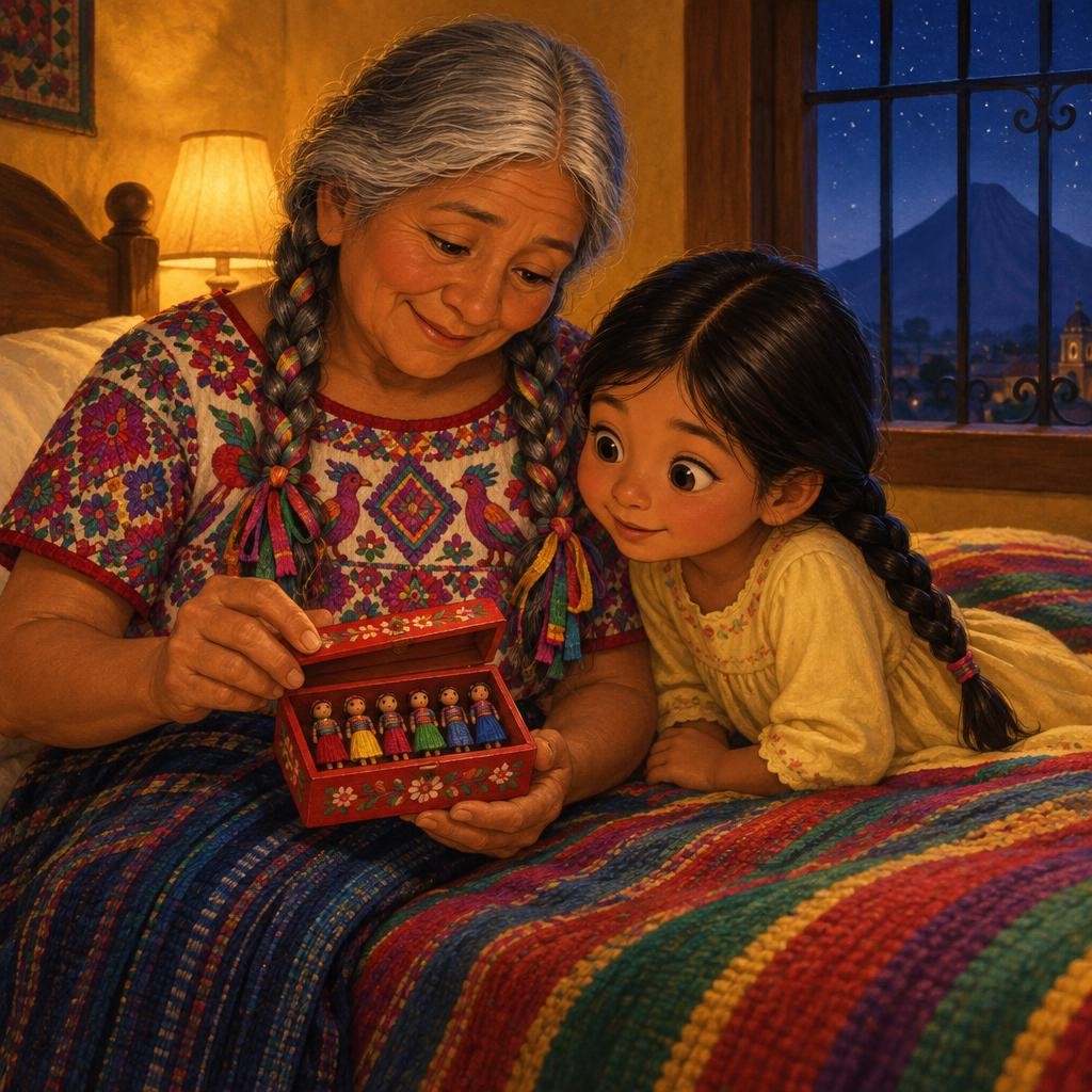 La abuela se sentó en la cama y sacó del bolsillo una cajita de madera pintada de colores. Adentro había seis muñequitas, más chiquitas que un dedo, con faldas de hilo rojo, amaril