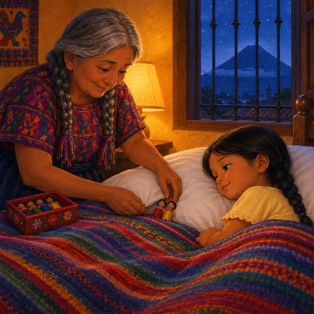 Juntas pusieron las dos muñequitas debajo de la almohada, una al lado de la otra. —Ellas te cuidan las penas toda la noche —dijo la abuela—. Así dicen los abuelos. Ixchel se acostó