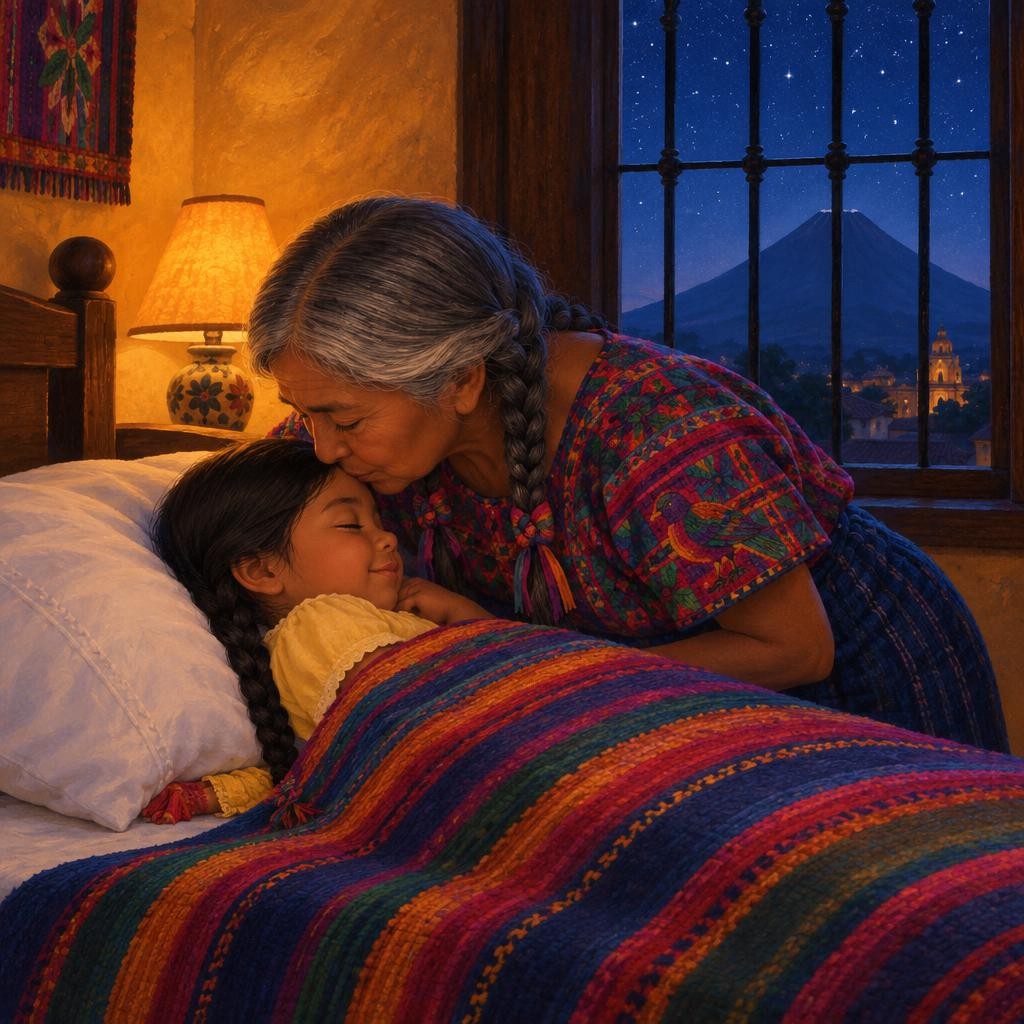 La abuela la tapó con su colcha de colores y le dio un beso en la frente. Por la ventana, el volcán seguía durmiendo bajo las estrellas. —Buenas noches, muñequitas —susurró Ixchel—