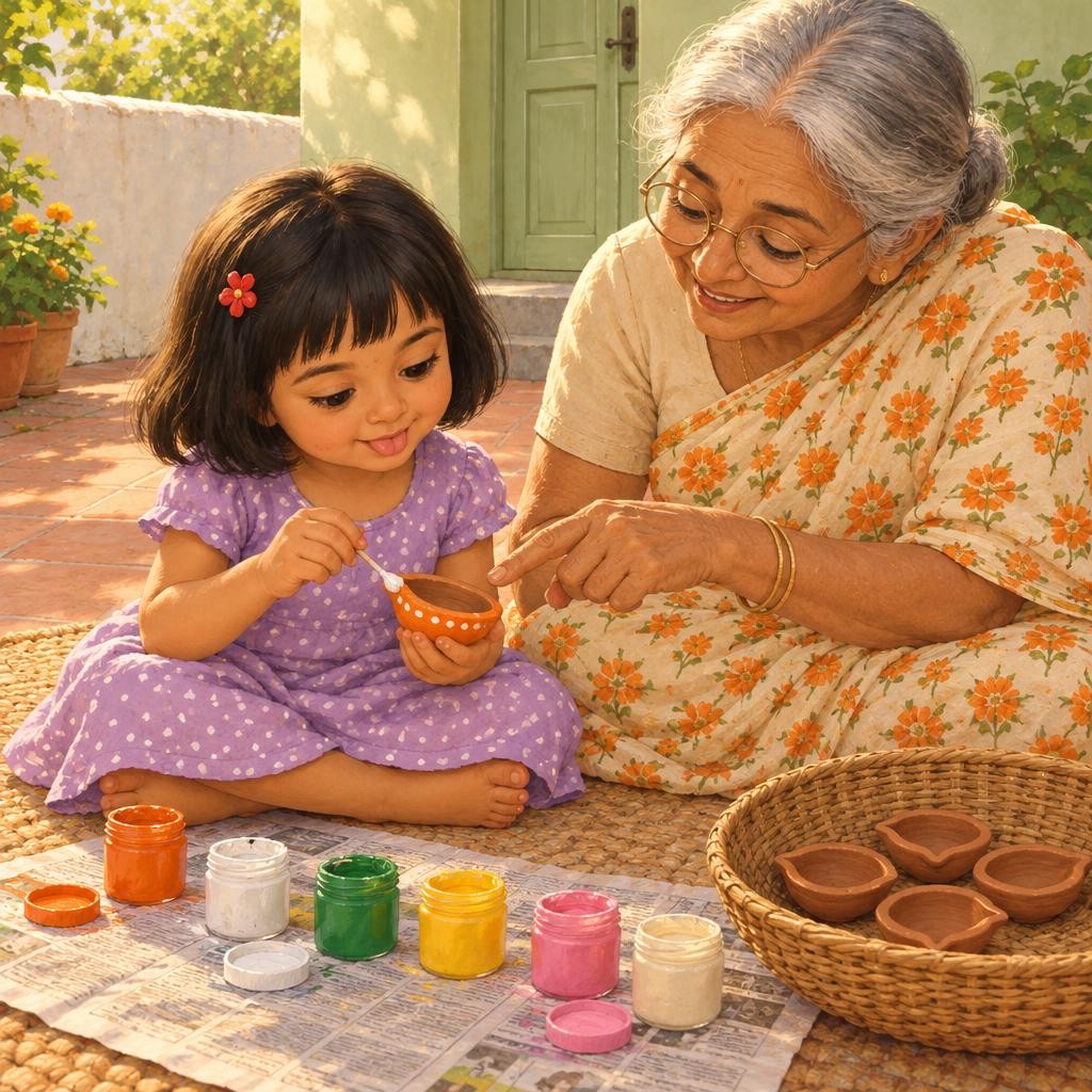 Mira dipped her brush in orange. Swish, swish, all the way around. "Only the outside," said Nani. "The little bowl inside stays clay, for the oil." Then Mira added white dots. Dot,