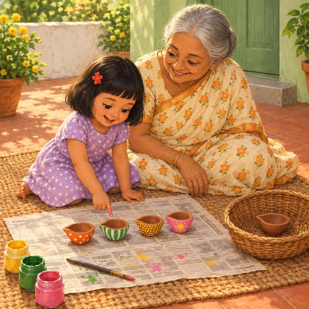 Green stripes for Papa, like his best kurta. Tiny yellow dots for baby Ved, round as his toes. Pink with a big yellow sun for Mira. "Mumma, Papa, Ved, me," Mira counted. Four brigh