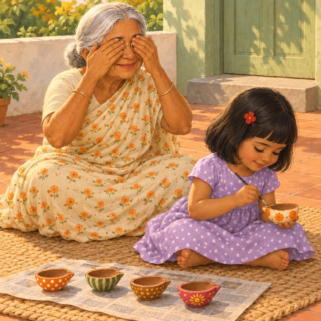 Mira looked at Nani's sari, all cream with orange marigolds. She had an idea. "Nani, close your eyes! No peeking!" Nani covered her eyes with both hands. Mira painted slowly and ca