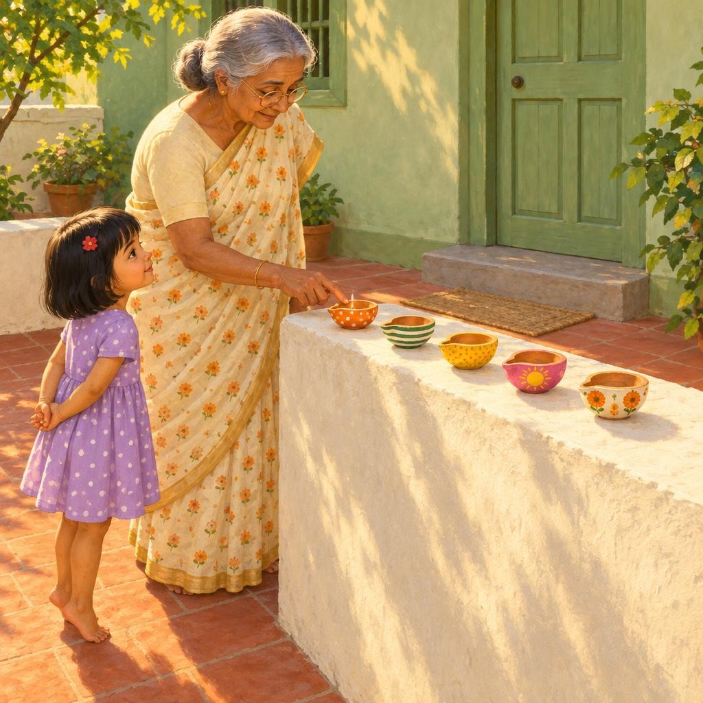 Mira lined up all five diyas on the sunny wall. "Can we light them now?" "Not yet," said Nani. "The paint has to dry in the sun first." "Dry yet?" Mira asked after lunch. "Not yet.