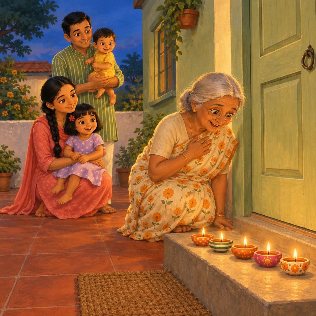 That evening, Papa poured a little oil into each diya. Lighting diyas is a grown-up job, so Mira watched from Mumma's lap, a few steps back. One by one, Nani lit them. Orange, gree