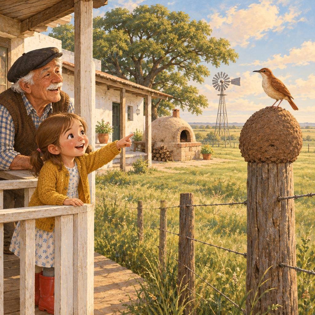 Unos días después, las paredes se juntaron arriba y la casita quedó cerrada, gordita y redonda. —¡Parece el horno de barro de la abuela! —dijo Juana. El nono se rió. —Por eso se ll
