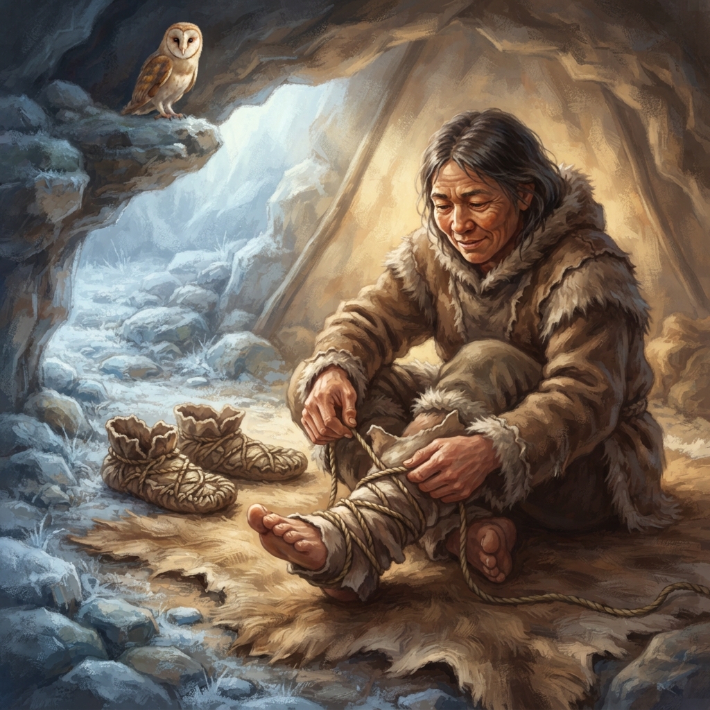 In cold places, early people could wrap their feet in soft hide and tie it securely with cord. The covering helped hold in warmth and kept frost, stones, and rough ground away from