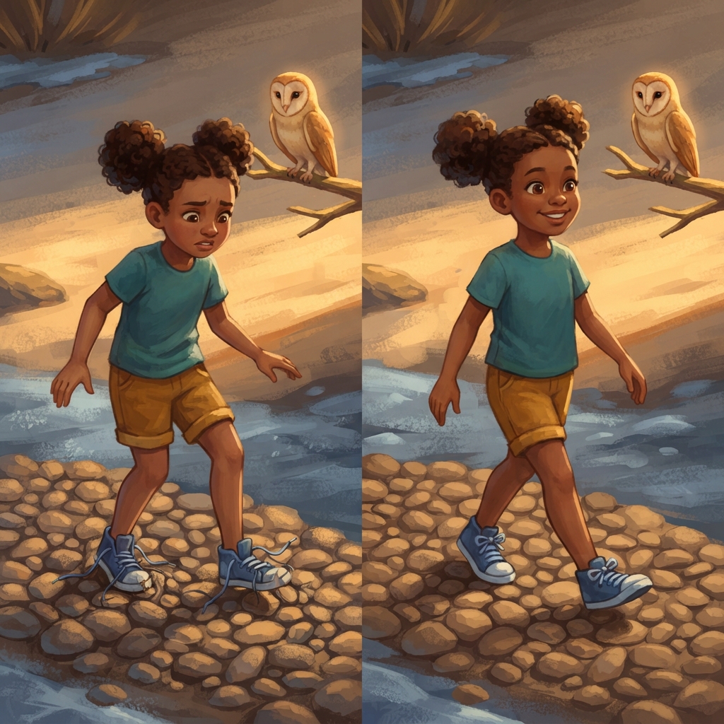 Today, shoes use many new materials and designs, but they still do an ancient job. The girl ties her sneakers and crosses the pebbles comfortably, with a strong sole between her fe