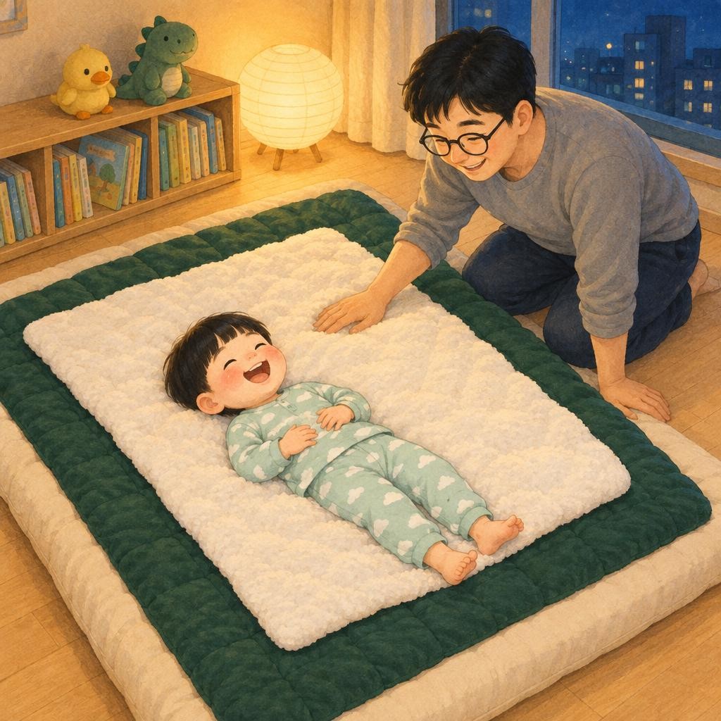 “김 깔고!” 초록 이불은 김이에요. “밥 깔고!” 하얀 담요는 하얀 밥이에요. “그리고 햄 넣고!” 봄이가 하얀 담요 위에 벌러덩 누웠어요. “내가 햄이야!” 봄이가 까르르 웃었어요.