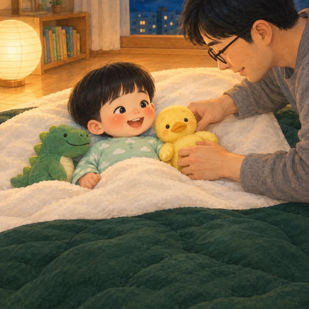 “단무지 넣고!” 노란 오리 인형이 봄이 옆에 쏙. “시금치 넣고!” 초록 공룡 인형도 봄이 옆에 쏙. 노란 단무지, 초록 시금치, 그리고 봄이 햄. “우아, 맛있는 김밥이 되겠다!”
