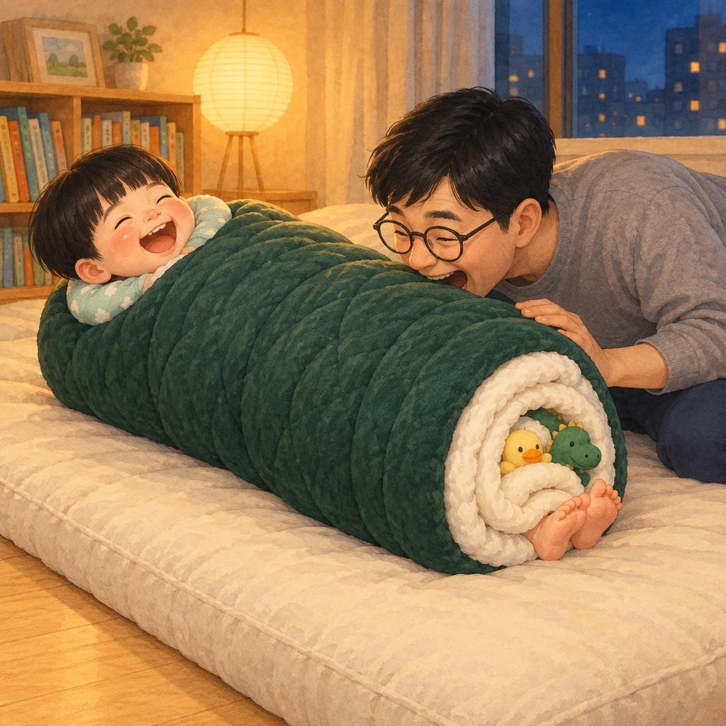 아빠가 이불 끝을 잡고 천천히 돌돌돌 말았어요. 돌돌돌, 돌돌돌. 봄이 얼굴만 쏙 나왔어요. “꼬마 김밥 완성!” 아빠가 “어디부터 냠냠 먹어 볼까?” 하자, 김밥 끝에서 발가락이 꼼지락꼼지락. 봄이는 또 까르르 웃었어요.
