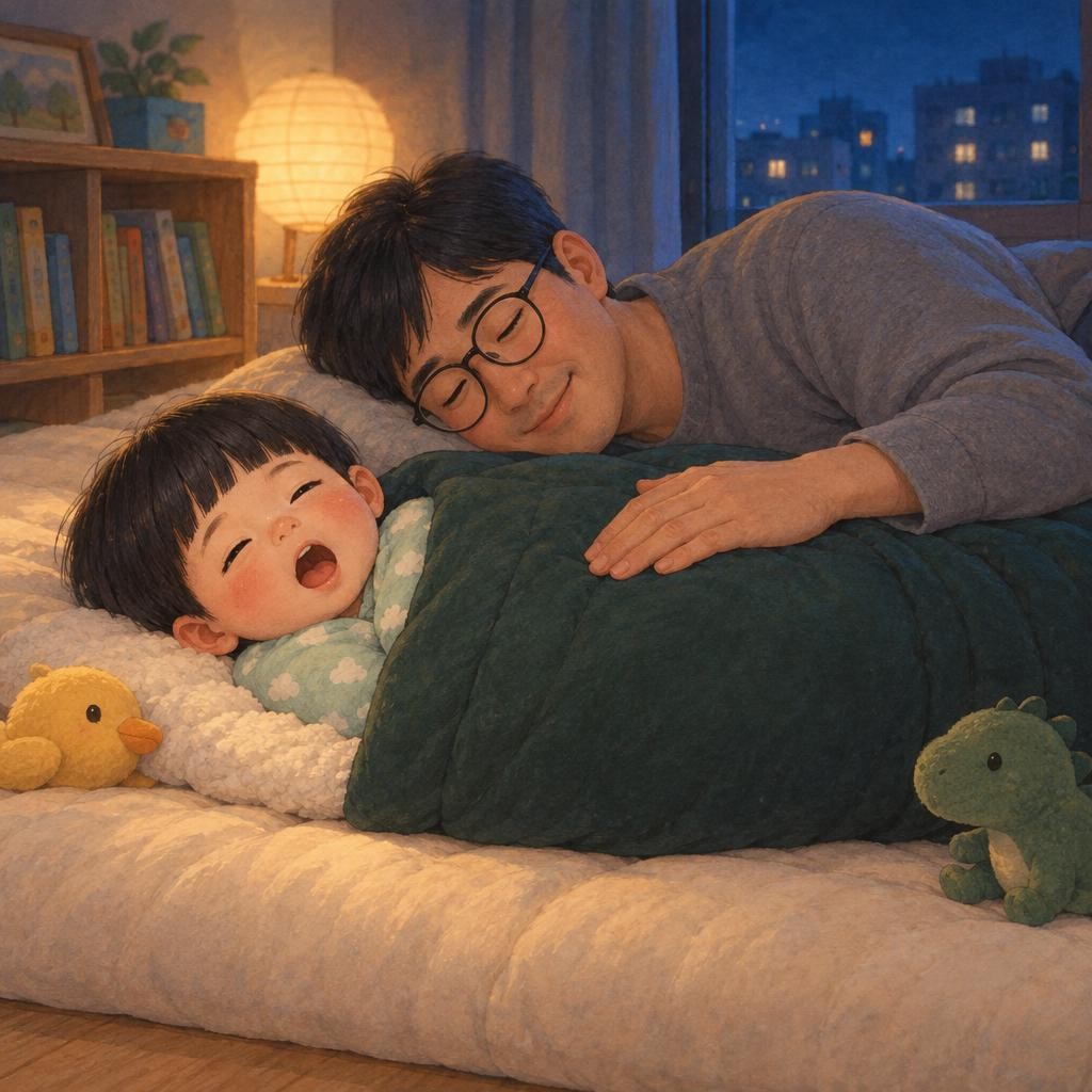 “쉿, 김밥은 움직이면 풀려요. 가만가만 있어야 해요.” 봄이는 김밥이 풀리지 않게 가만히 있었어요. 손도 가만가만, 발도 가만가만. 아빠가 김밥을 토닥토닥. 눈꺼풀도 가만가만 내려와요. “하아암.”