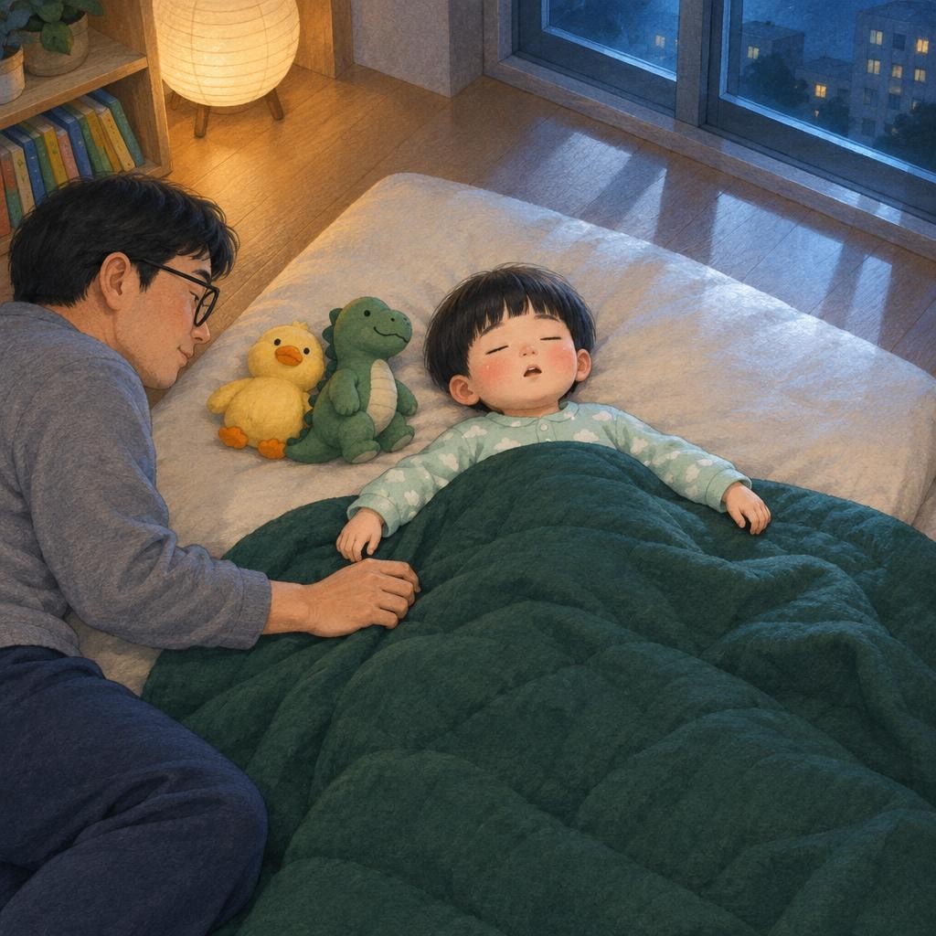 아빠가 꼬마 김밥을 살살 풀어서, 초록 이불을 포근하게 덮어 주었어요. 노란 오리도, 초록 공룡도 봄이 옆에 나란히 누웠어요. “잘 자, 우리 꼬마 김밥.” 봄이는 쌔근쌔근 잠이 들었어요.