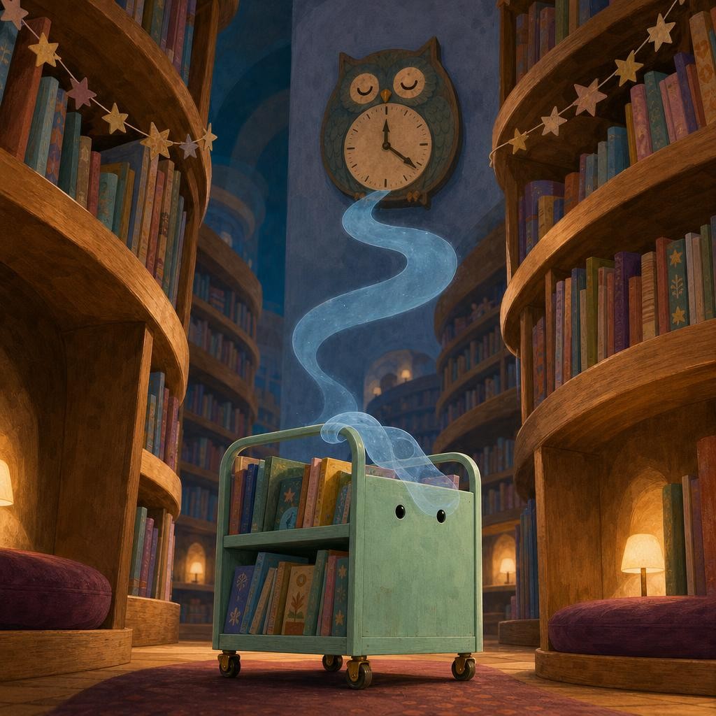 Tula carried the yawn between the tall shelves. Tick-tock, murmured the owl-shaped clock. The blue curl floated up hopefully... then flopped across Tula's handle. A clock could sou