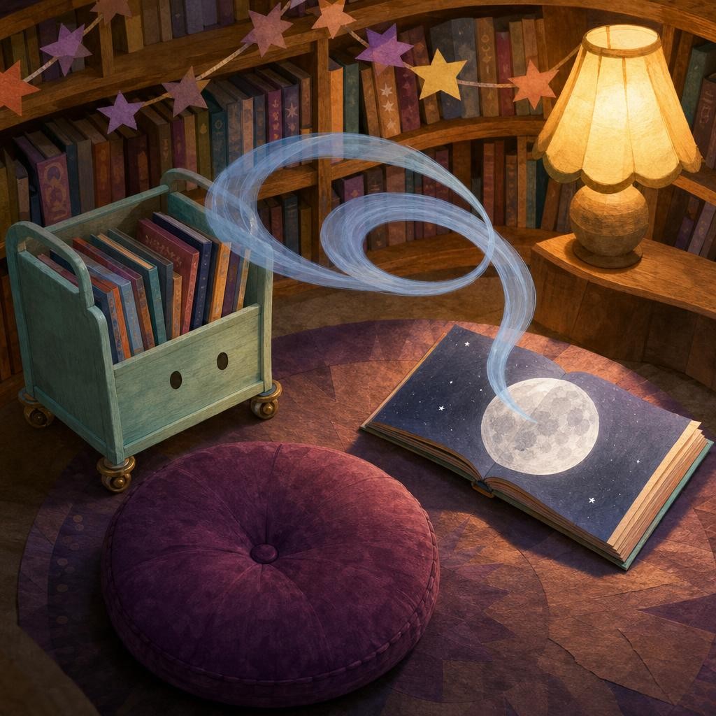 Near the story nook came a tiny rustle: shiff, shiff. An open book showed a silver moon. Beside it waited one empty plum cushion. The yawn sprang into a happy loop. Tula knew. This