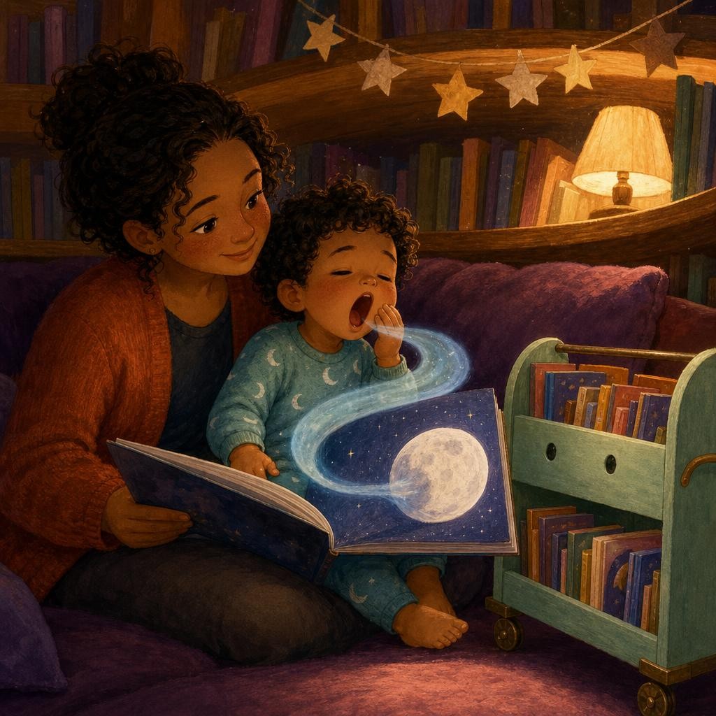 Soft footsteps returned with the librarian. A child in moon pajamas climbed onto the waiting cushion and opened the book. The blue curl sailed from Tula, circled the silver moon, a
