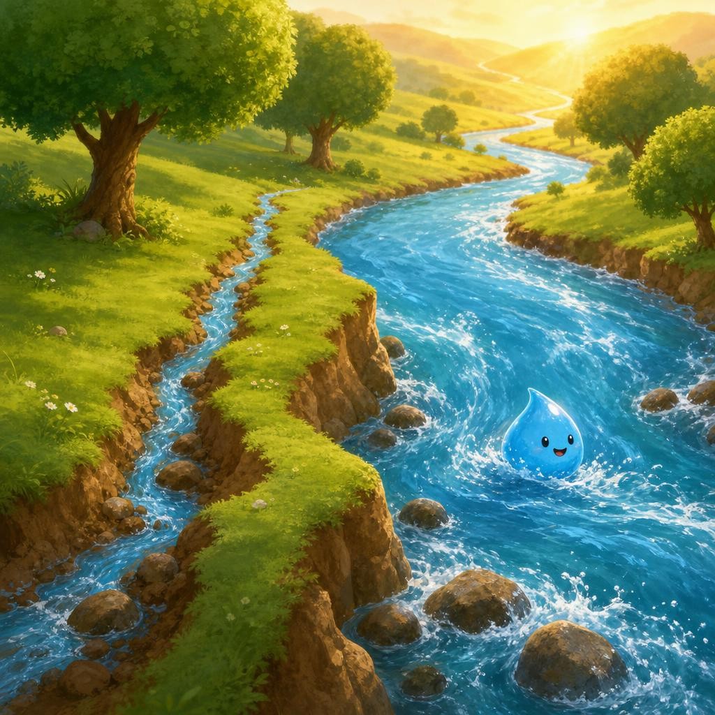 The Stream Grows Into a River illustration for The Little Raindrop's Journey