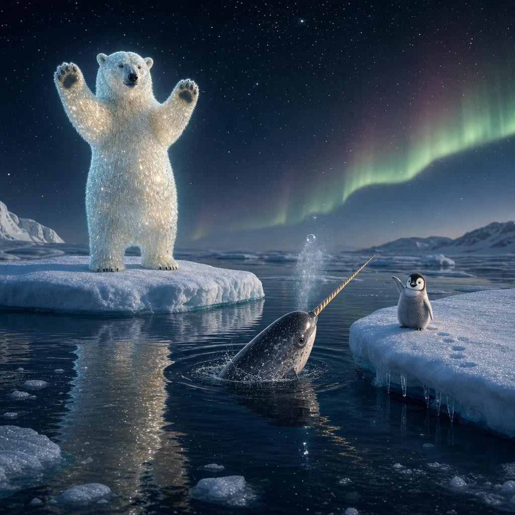 Three Icebergs, Waving illustration for Lumina's Glowing Bridge