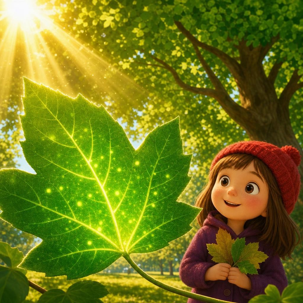 All summer, the leaves are green. That is because they are full of green food-color, making yummy food from sunshine — like tiny green kitchens.