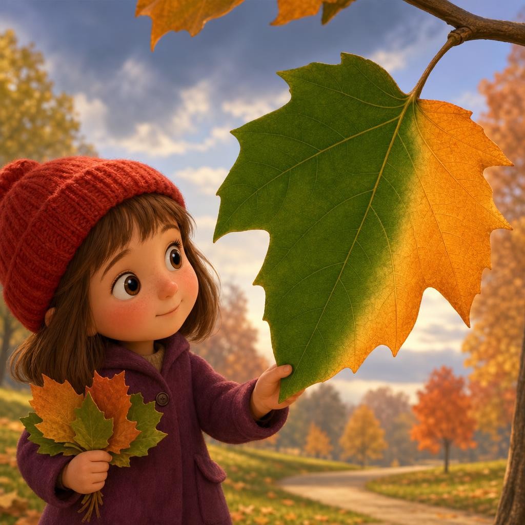 But now the days grow short and cool. The tree is getting ready to rest for winter. So it slowly stops making the green. The green begins to fade, like a curtain sliding open.