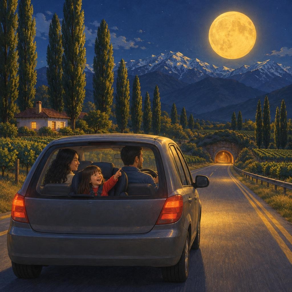 El auto pasó al lado de un árbol, de una casita, de un puente. Pero la luna seguía ahí, en la misma ventana. —Mamá —dijo Florencia—, ¡la luna nos está siguiendo! El auto subió una 