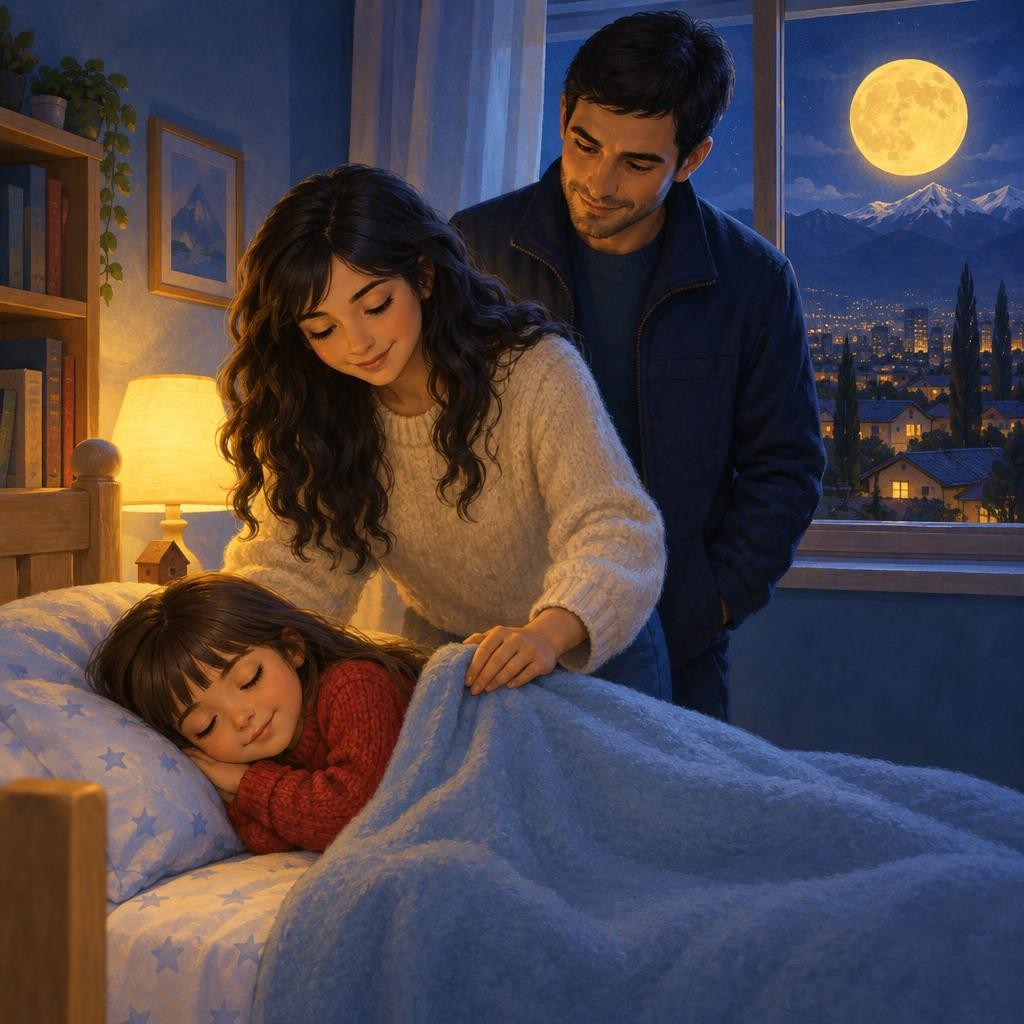 Cuando llegaron, Florencia ya estaba dormida. Papá la sacó de la silla con cuidado y la llevó en brazos hasta su cama. Mamá la tapó y dejó la cortina un poquito abierta. Y por la v