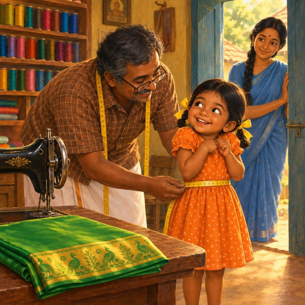 அடுத்து Tailor மாமாவின் குட்டிக் கடை. Tailor மாமா மஞ்சள் tape-ஐ எடுத்தார். இடுப்பைச் சுற்றி ஒரு அளவு. தோளிலிருந்து கால் வரை ஒரு அளவு. "கிச்சு கிச்சு!" மீனா சிரித்தாள். "நாலு நாளில்
