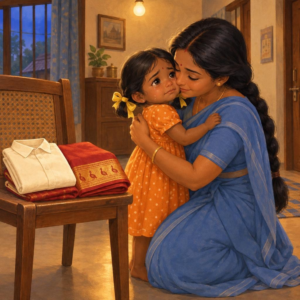 நாளைக்கு Deepavali! அப்பாவின் புது shirt ready. அம்மாவின் புது saree ready. ஆனால் மீனாவின் பாவாடை… இன்னும் வரலை. மீனாவின் உதடு நடுங்கியது. அம்மா அவளை அணைத்துக்கொண்டார். "Tailor மாம