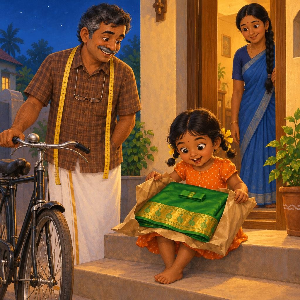 அப்போ gate-ல் ஒரு சத்தம். ட்ரிங், ட்ரிங்! Tailor மாமா cycle-ல் வந்திருந்தார். கையில் ஒரு காகிதப் பொட்டலம். "மீனா பாப்பா, உன் பாவாடை ready!" மீனா பொட்டலத்தைத் திறந்தாள். பச்சைப் பட்