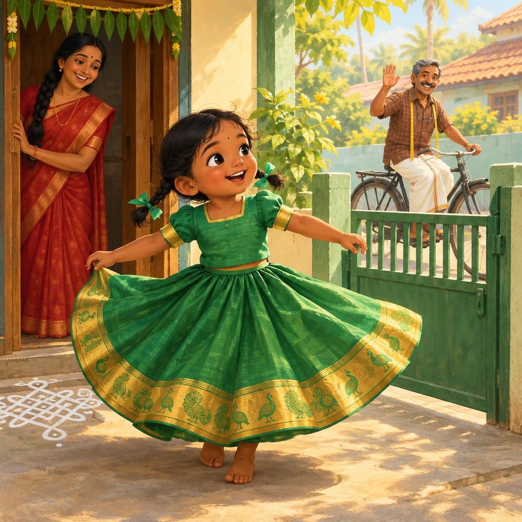 Deepavali காலை! மீனா புதுப் பட்டுப் பாவாடை போட்டுக்கொண்டாள். பின்னலில் பச்சை ribbon. சுத்தி, சுத்தி, சுத்தி! பாவாடை சர சர என்று பாடியது. ஓரத்துத் தங்க மயில்கள் பறப்பது போல இருந்தது