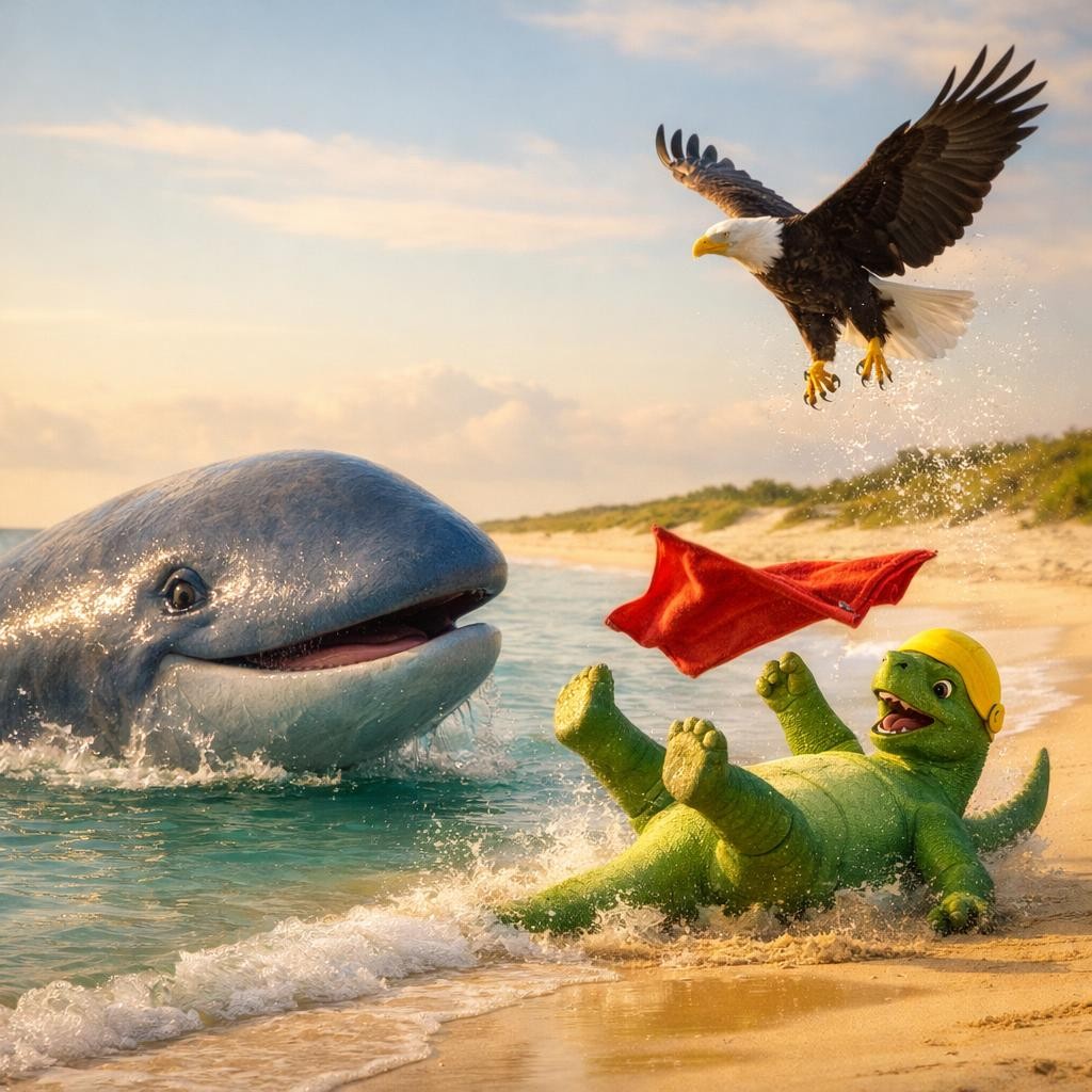 டினோ மெல்ல கால் தண்ணீர்ல வச்சான். ஒரு பெரிய நீல whale "Hellooo!" னு சொல்லிக்கிட்டே வந்துச்சு. டினோ பயந்து ஓடிட்டான்! ஈகிள் wings வச்சு try பண்ணுச்சு, whale மறுபடியும் வந்துச்சு—ஈகி