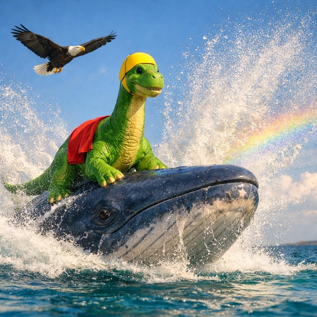 டினோ whale-ஓட முதுகில ஏறி தண்ணீர்ல போனான், "வீஷ்!" ஈகிள் அவங்க மேல பறந்துச்சு. Whale பெரிசா "Splooosh!" னு தண்ணியை தூக்கிட்டது. மூணு பேரும் சேர்ந்து சிரிச்சாங்க—ரொம்ப ரொம்ப fun!