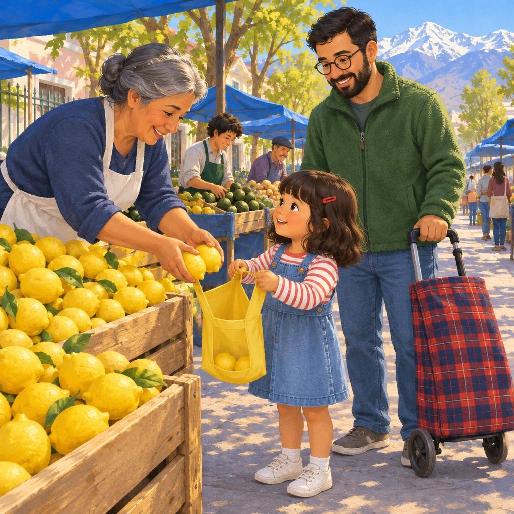 La calle estaba llena de toldos azules y de voces que cantaban: «¡Lleve, lleve!». —¿Y qué va a llevar la caserita? —le preguntó a Martina la señora de los limones. —¡Dos limones! L