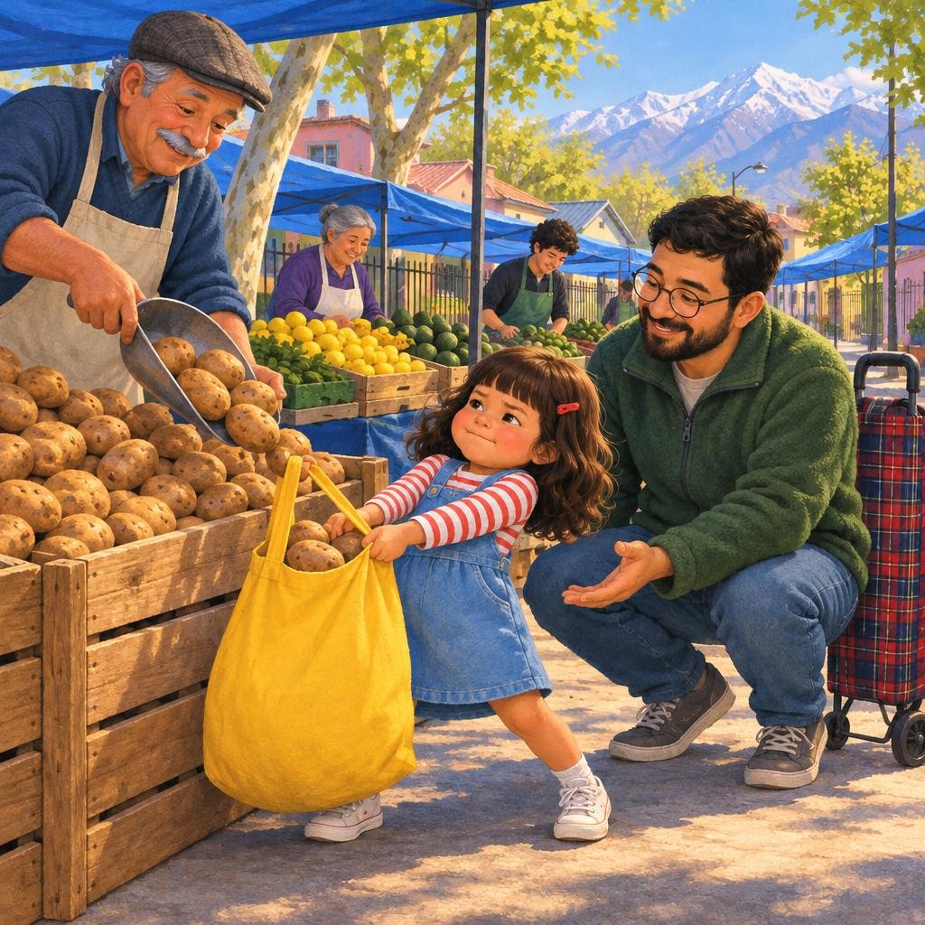 Al final llegaron al puesto de las papas. —Papas, por favor —pidió Martina. —¡Al tiro, caserita! —dijo el caballero, y echó papas en la bolsa: pum, pum, pum, pum. ¡Uy! Ahora la bol
