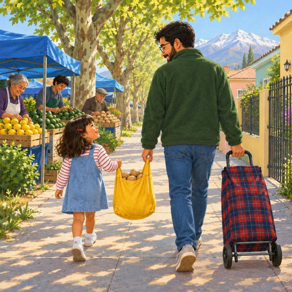 Papá no le quitó la bolsa. Se agachó y tomó una sola asa. —Tú llevas esa asa y yo llevo esta. La llevamos entre los dos. Y así, uno-dos, uno-dos, la bolsa amarilla se fue meciendo 
