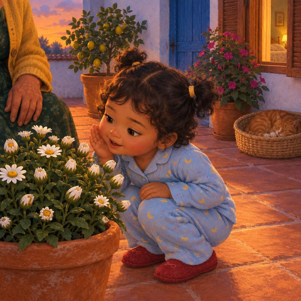 Primero, las margaritas. Sus pétalos blancos se iban cerrando despacito, despacito, como manitas que se van a dormir. —Buenas noches, margaritas —susurró Paloma.