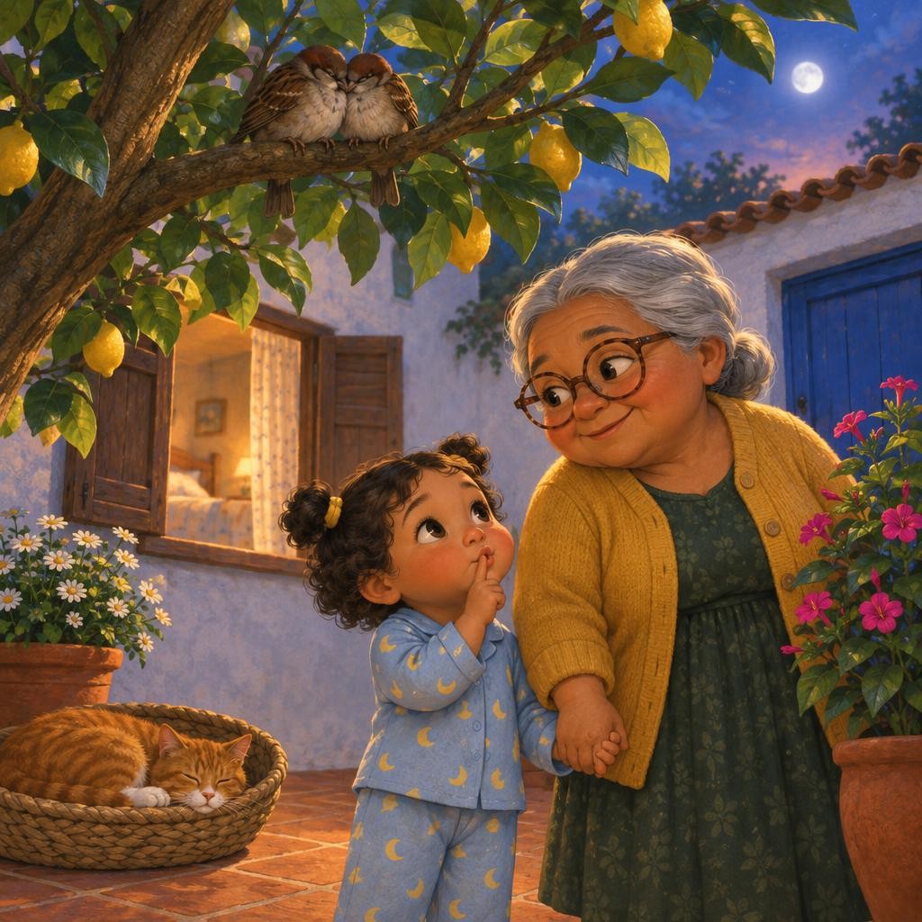Luego, el limonero. Entre las hojas, dos pajaritos se acurrucaron muy juntitos y escondieron el pico entre sus plumas. —Buenas noches, pajaritos —susurró Paloma, bajito, bajito.
