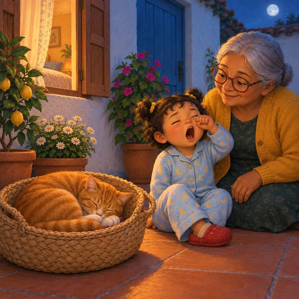 En su canasta, la gata Canela dio una vuelta… otra vuelta… y se hizo bolita. —Buenas noches, Canela. Paloma bostezó: ¡aaaah! Todo el patio se estaba durmiendo.