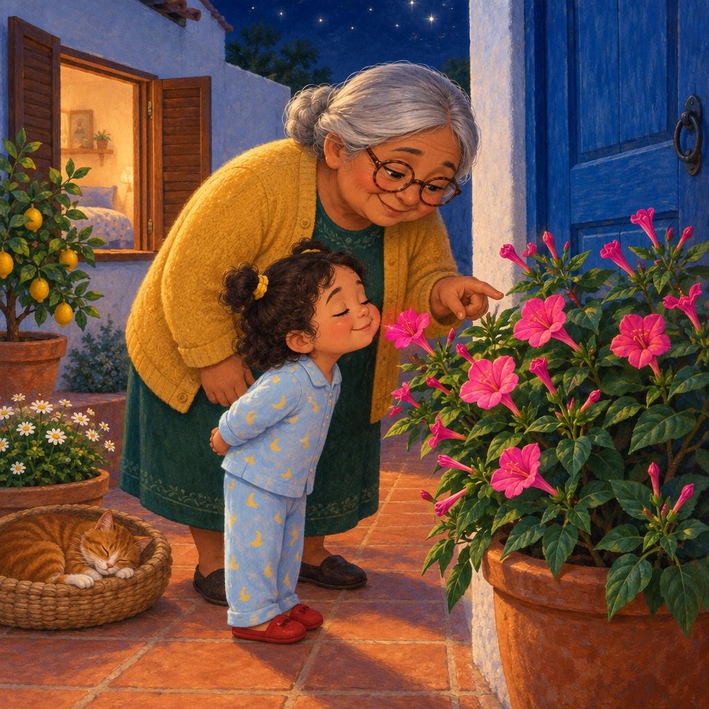 Pero junto a la puerta azul, alguien no se estaba durmiendo. Una planta llena de capullos rosas estaba abriendo sus flores, una por una. —¡Abuela! ¡Esta flor se está despertando! —