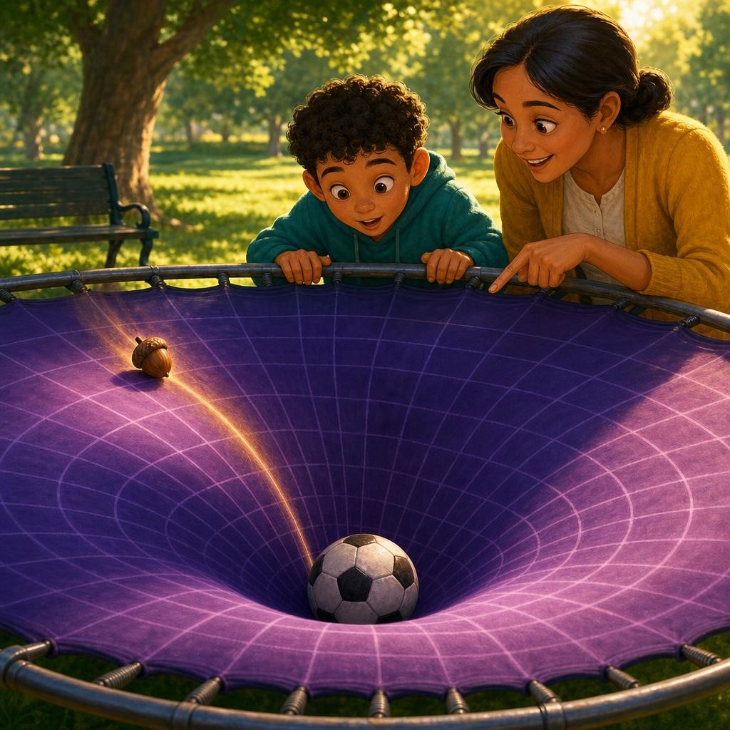 At the park, Mom set the soccer ball in the middle of the trampoline, and the stretchy surface sank into a dip. "That dip works like gravity — the pull that heavy things make in sp