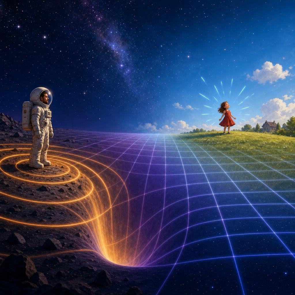 "Now the strange part," Mom said. "Deep in a heavy dip, time itself slows down — scientists call this time dilation." The astronaut lands on a planet close to the black hole, so hi