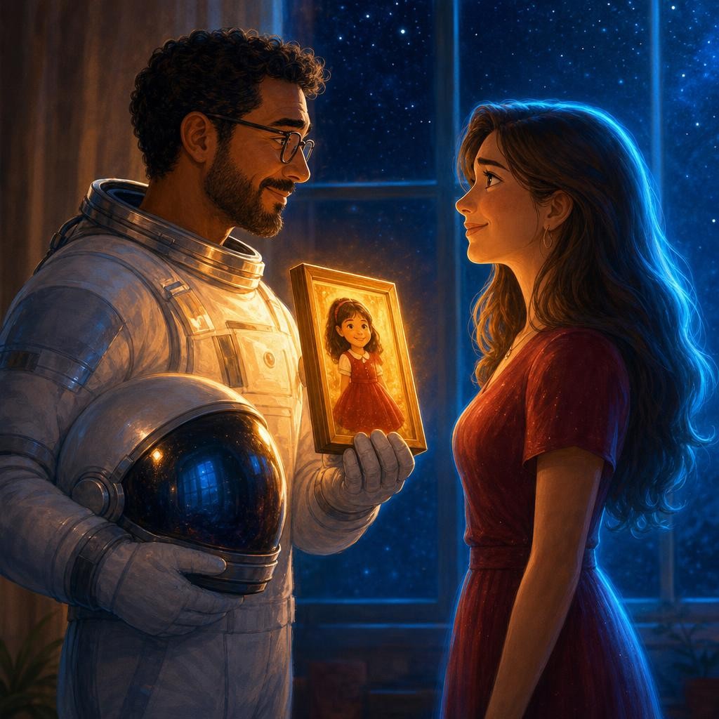 The daughter's! Far from the deep dip, her time ticks at normal speed, so it zooms past his slow one. One hour on that planet equals seven whole years back home — that's why the da