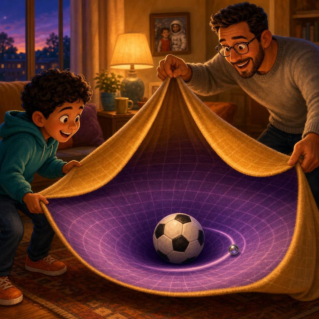 That evening, with Dad's help, Sam stretched a blanket flat and tight and set the heavy ball in the middle. He rolled a marble across — it curved into the dip, circling the ball li