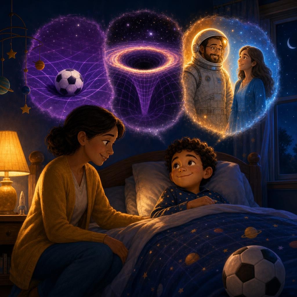At bedtime, Sam explained it back: heavy things make dips, a black hole makes the deepest dip, and deep in a dip, clocks run slow — so one hour for the astronaut became years for h