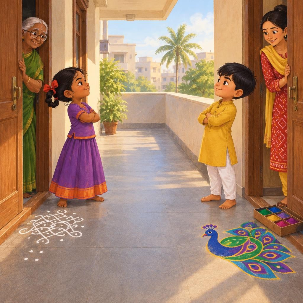 "என்ன இது? வெறும் வெள்ளைப் புள்ளிகள்?" என்று கேட்டான் ஆரவ். "இது கோலம்!" என்றாள் மீனு. "தீபாவளிக்கு நாங்கள் கோலம் தான் போடுவோம்." ஆரவ் தன் பெட்டியை உயர்த்திக் காட்டினான். "எங்கள் வ