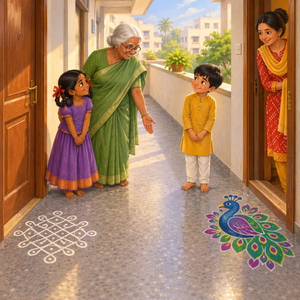 பாட்டி இரண்டு வாசல்களையும் பார்த்தார். நடுவில் சாம்பல் நிறத் தரை காலியாகக் கிடந்தது. "கோலத்துக்கு அழகு அதன் கோடுகள். ரங்கோலிக்கு அழகு அதன் வண்ணங்கள்," என்றார் பாட்டி. "இரண்டும் சேர
