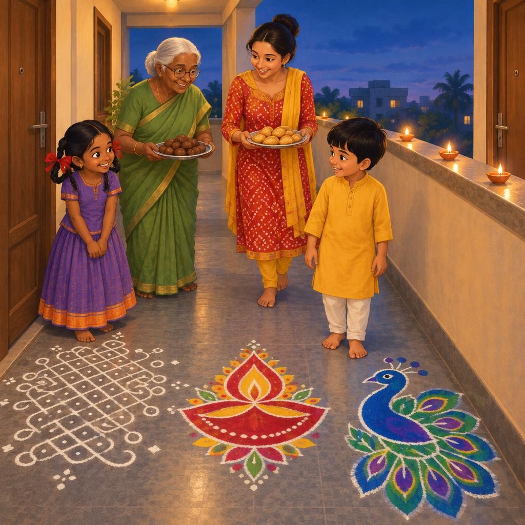 மாலையில் பெரியவர்கள் சுவரின் மேல் விளிம்பில் அகல் விளக்குகளை ஏற்றினார்கள். பாட்டி அதிரசம் கொண்டு வந்தார். ஆரவின் அம்மா குக்ரா என்ற இனிப்பைக் கொண்டு வந்தார். "தீபாவளி வாழ்த்துகள், ம